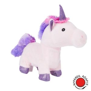 Peluche adaptée contacteur licorne rose et violette, idéale pour stimuler les sens et offrir des interactions ludiques et inclusives.