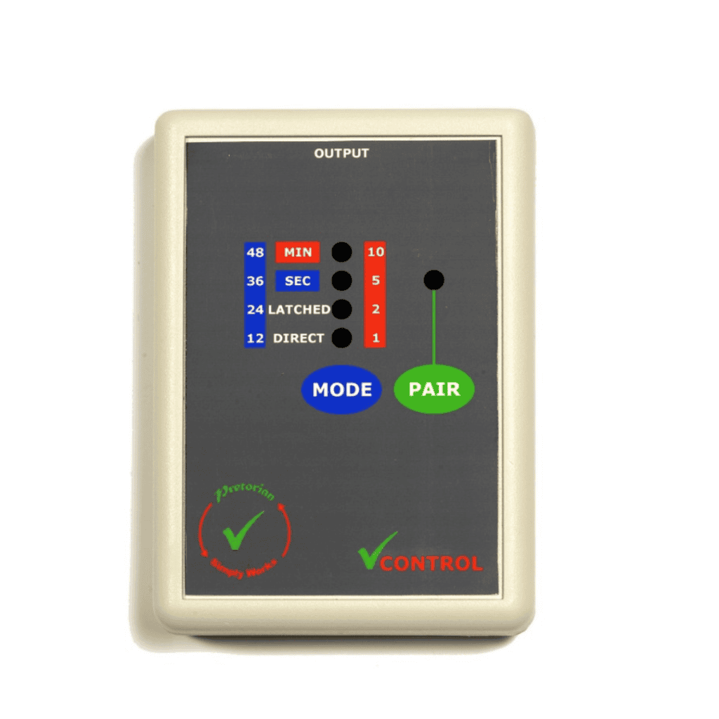 Interface SimplyWorks Control gros plan du boîtier sans fil adapté avec voyants LED et boutons de réglage