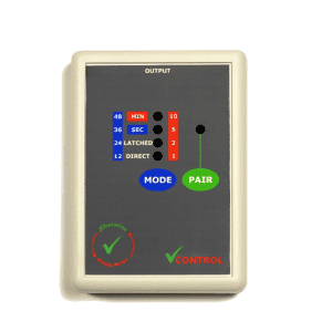 Interface SimplyWorks Control gros plan du boîtier sans fil adapté avec voyants LED et boutons de réglage