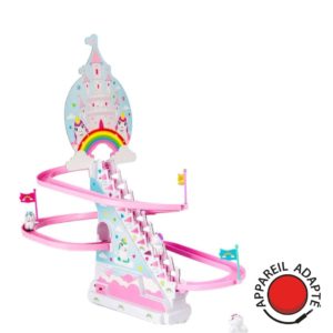 Circuit de licornes jeu adapté contacteur avec trois licornes colorées grimpant château magique pour enfants polyhandicap