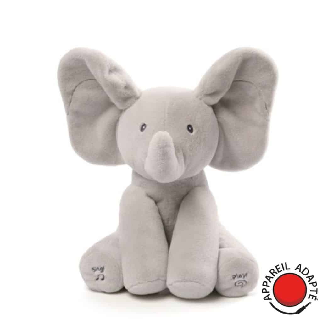 Peluche adaptée contacteur : quand le jeu devient accessible à tous 5 Peluche éléphant Flappy avec deux contacteurs pour activation des fonctions chant et jeu, parfaite pour l'éveil