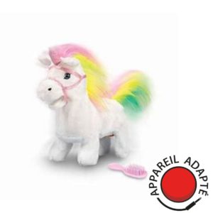 Licorne adaptée contacteur, blanche avec crinière arc-en-ciel, qui trotte et produit des sons magiques pour une interaction accessible.