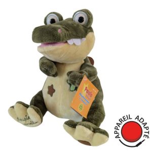 Jouet adapté contacteur – Paulo le Croco, peluche interactive qui chante et danse, compatible avec contacteur pour enfants et adultes avec besoins spécifiques.