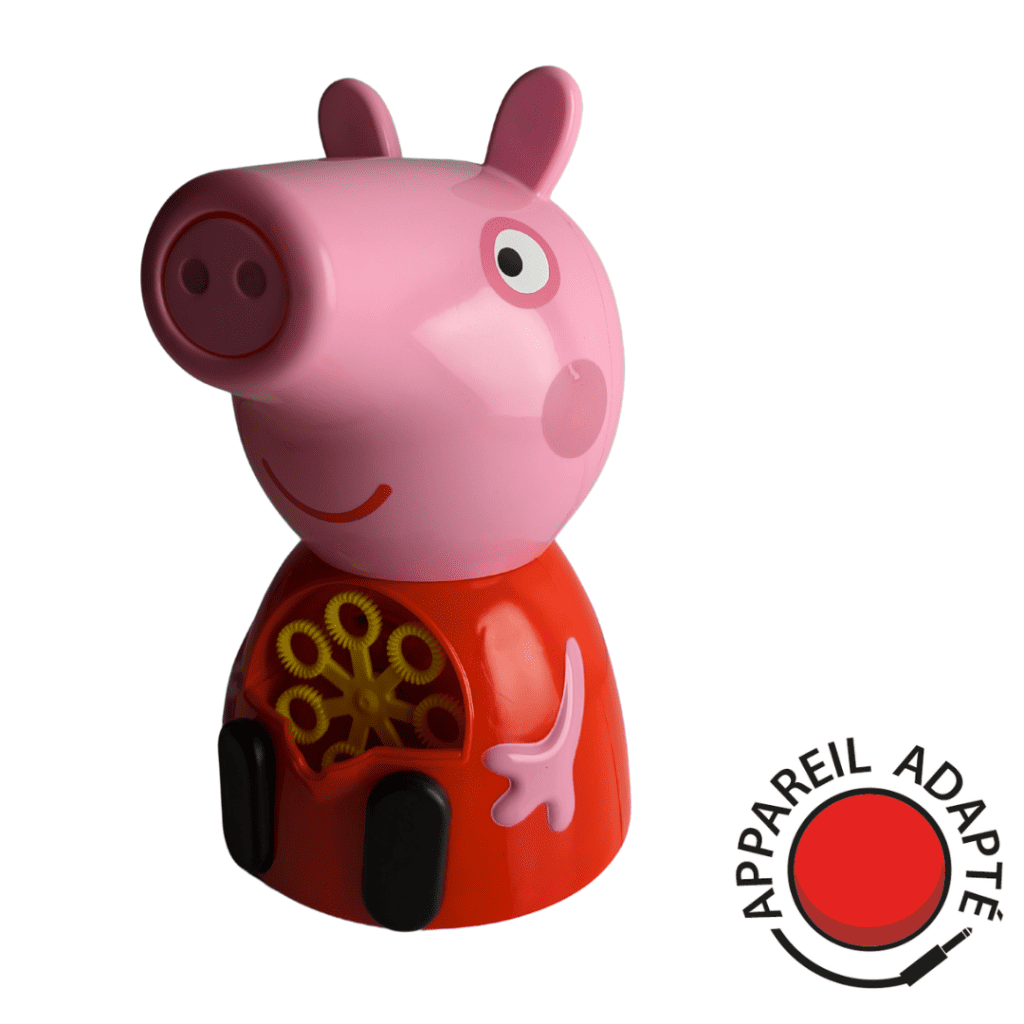 Faire apparaître des bulles avec un contacteur : machine à bulles adaptée pour handicap moteur 8 Machine à bulles Peppa Pig contacteur – jouet adapté avec bouton d’activation pour enfants en situation de handicap.