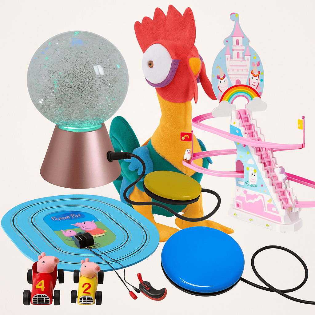 Jouets adaptés handicap | Jeux inclusifs et matériel sensoriel 1 différents jouets vendus sur petit pas de fourmi. un circuit voiture peppa pig adapté contacteur, une sphère lumineuse adaptée contacteur, une peluche coq de vaiana adaptée, un bouton contacteur et un chateau licorne adapté contacteur