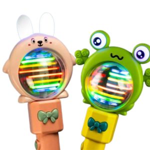 Jeu sensoriel adapté contacteur lumineux, modèles lapin et grenouille, avec boule multicolore produisant un effet visuel rotatif.