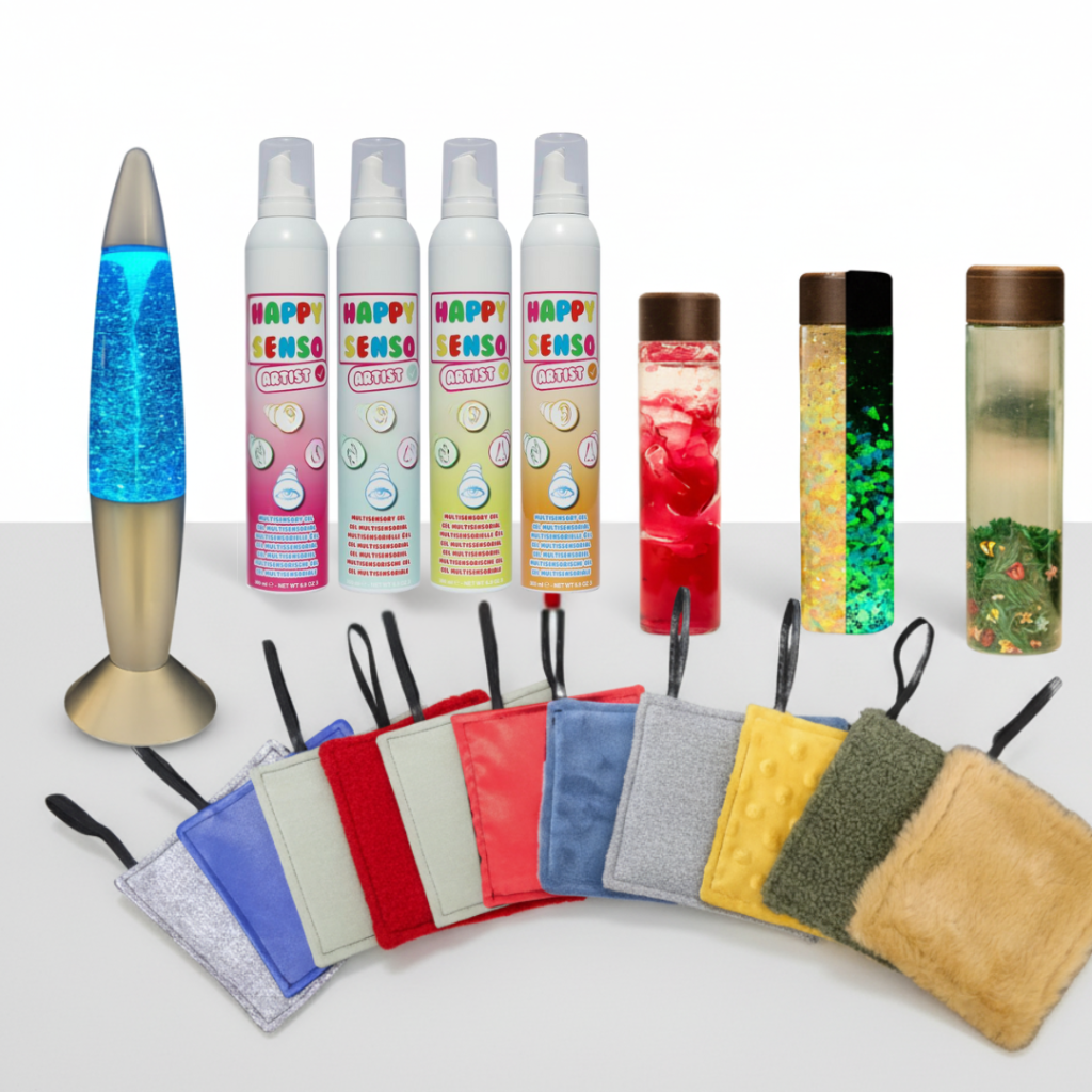 Atelier textures avec matériel sensoriel handicap moteur : Happy Senso, mousse et Mini SAM 2 materiaux sensoriels