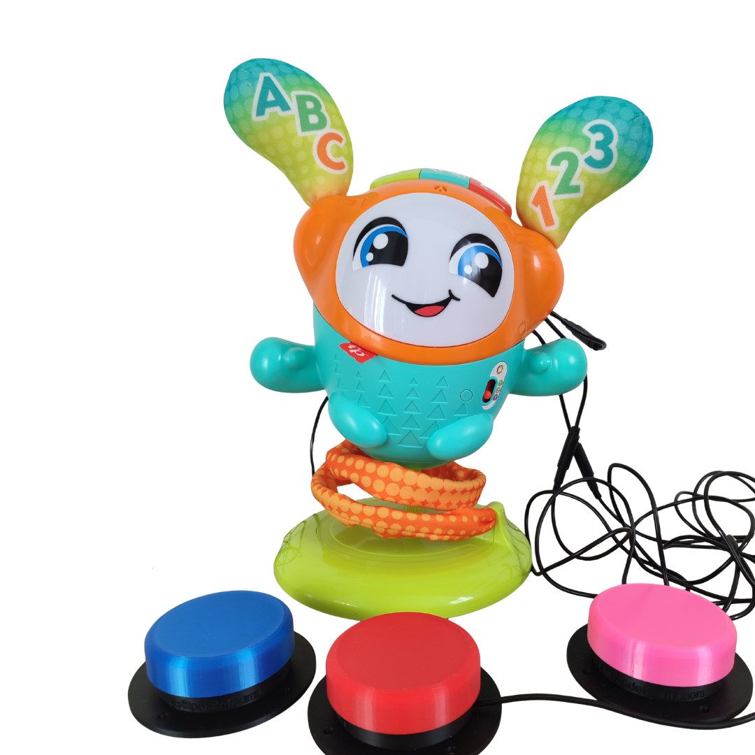 Robot musical adapté contacteur - DJ Bouncing Beats Fisher-Price 2 Robot danseur DJ adapté pour contacteurs, avec boutons colorés permettant d’activer la musique et les mouvements