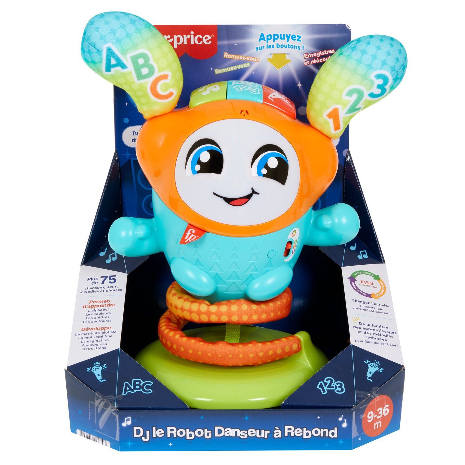 Robot musical adapté contacteur - DJ Bouncing Beats Fisher-Price 3 Robot DJ danseur Fisher-Price adapté pour contacteur, présenté dans son emballage avec boutons colorés