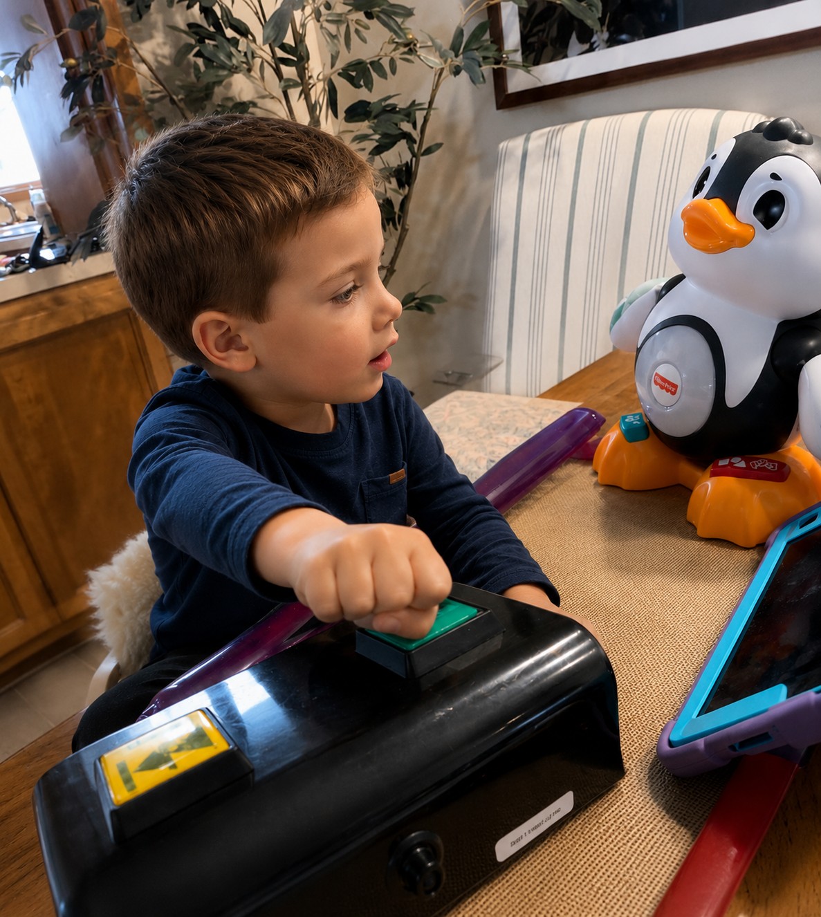 Enfant utilisant un bouton contacteur pour activer un jouet adapté au handicap moteur
