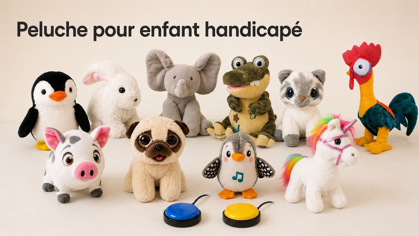 Peluche pour enfant handicapé : différents modèles adaptés avec deux contacteurs