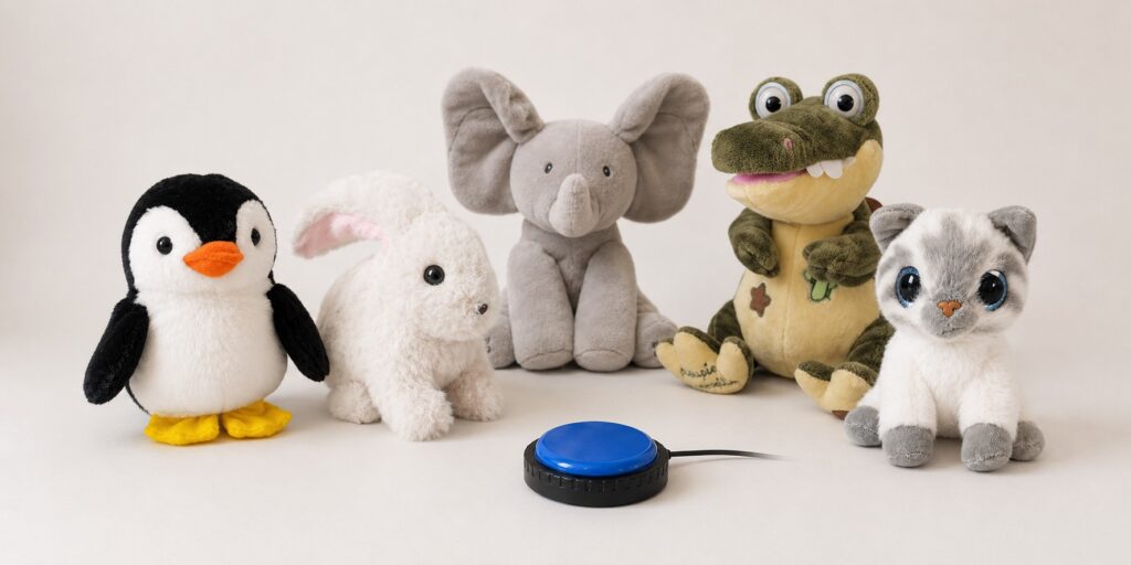 Plusieurs modèles de peluche pour enfant handicapé activables avec un contacteur