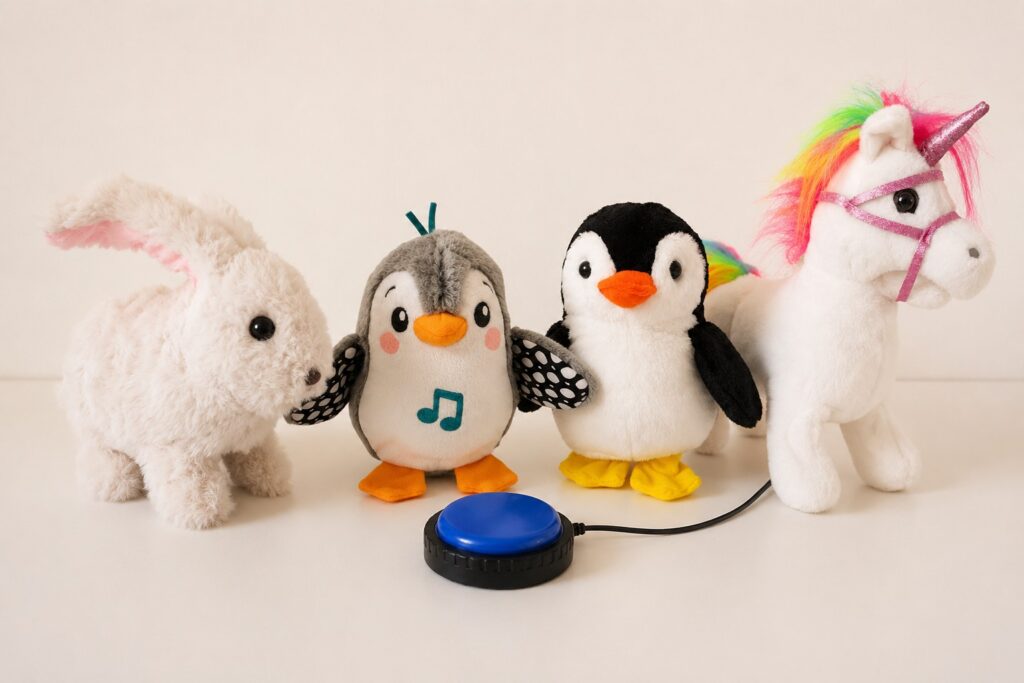 Lapin, pingouins et licorne, peluches pour enfant handicapé activables par contacteur