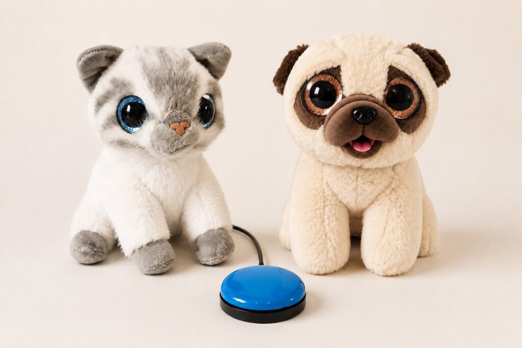 Chat et chien ZURU, peluches adaptées pour enfant handicapé avec contacteur
