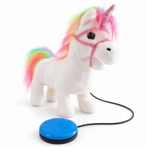 Licorne adaptée contacteur, blanche avec crinière arc-en-ciel, qui trotte et produit des sons magiques pour une interaction accessible.